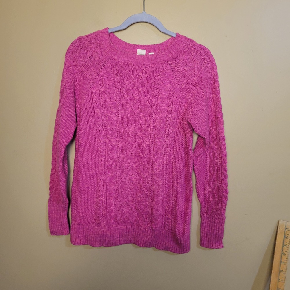 GAP Cable Knit Sweater Womens Medium Petite Pink Excellent Fuchsia Crew Neck